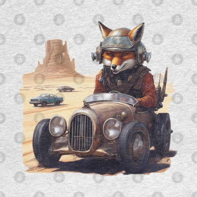 a Fox racing a car across the desert by JnS Merch Store